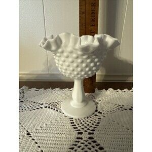 Fenton White Milk Glass Hobnail Footed Compote 6" Height Ruffle Top Vtg